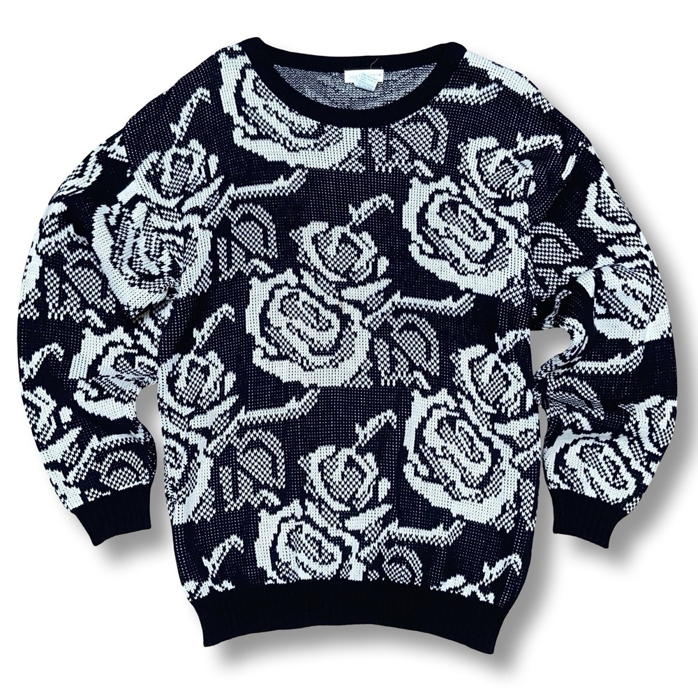 Vintage Jamie Scott Black White Rose Floral Knit Sweater Womens Size M Crewneck